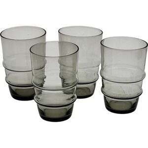 Set of 4 Vintage 1960's Gray‎ Smoked Ribbed Juice Glasses 4" Smokey MCM